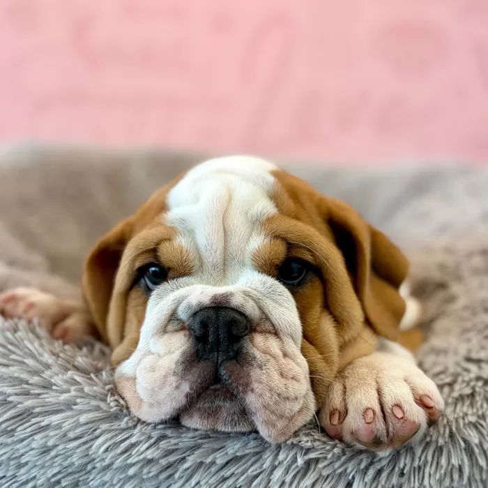 Female English Bulldog puppy named Fiona for sale at Waggles Dayton.
