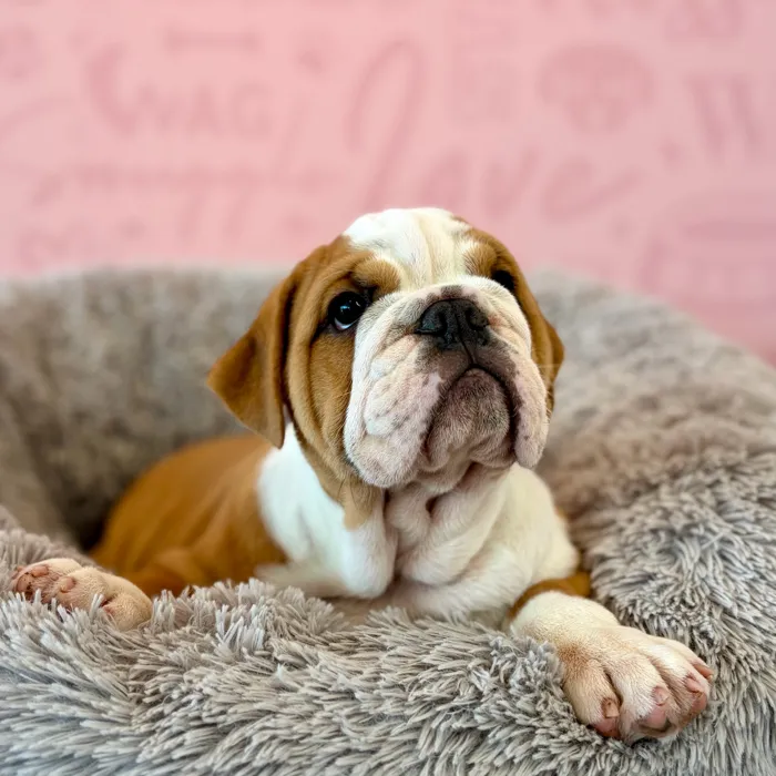 Female English Bulldog puppy named Fiona for sale at Waggles Dayton.